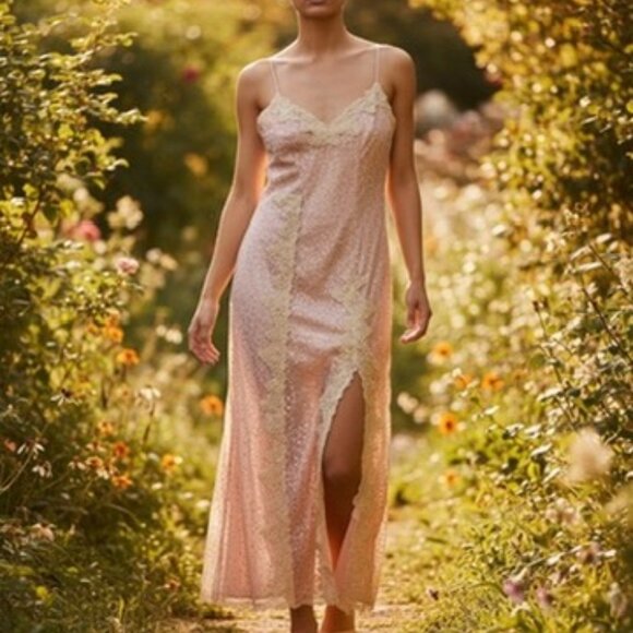 Anthropologie Dresses & Skirts - En Elly Anthropologie Pink Sequined Slip Dress with Cream Lace Trim Size Small